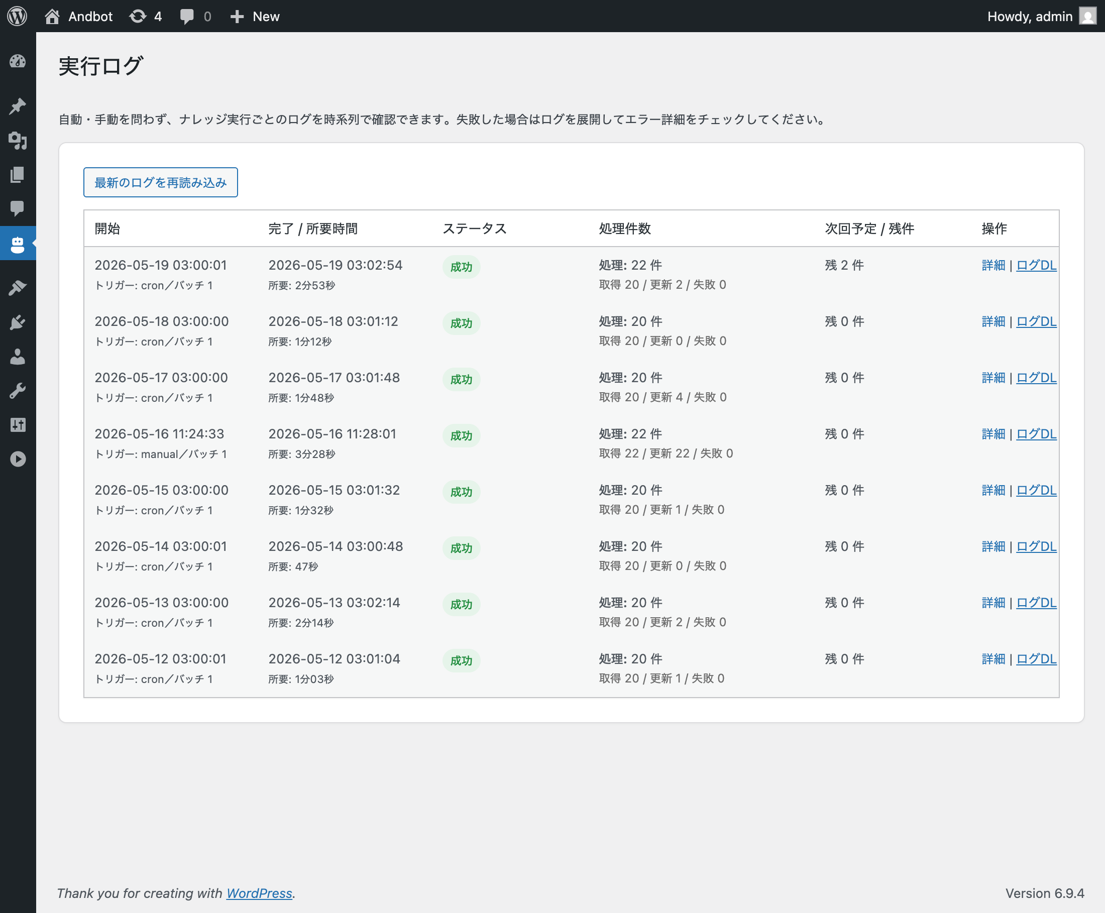 WordPress 管理画面の実行ログページ。毎日のナレッジ自動更新が成功/失敗・処理件数とともに時系列表示されている。